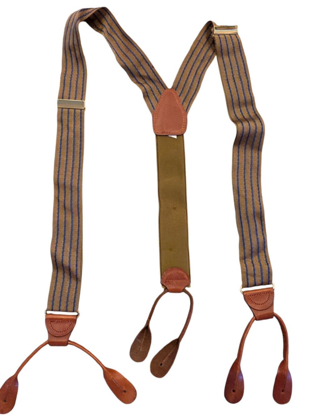 Vintage England Mens Adjustable Braces Suspenders Leather Fasteners Brown Stripe